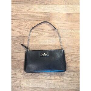 KATE SPADE HANDBAG BLACK SHOULDER GOLD TONED LOGO CLUTCH LICENSE PLATE EUC